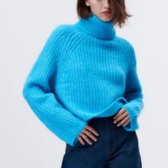 Zara light Blue Wool Blend Turtleneck Oversized Sweater(Size Small) - Picture 1 of 6
